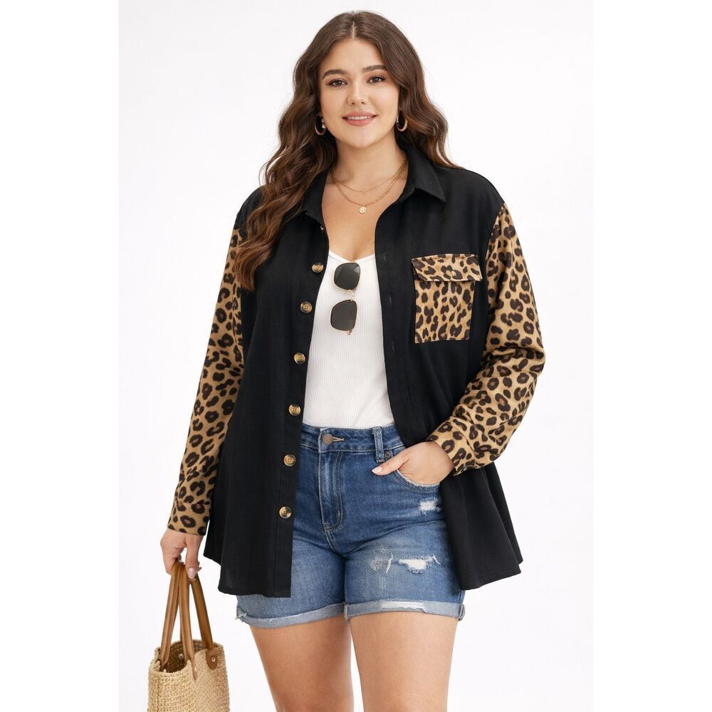 BloomChic Leopard Print Sleeve Textured Blouse Black Button Up Shirt Size 10